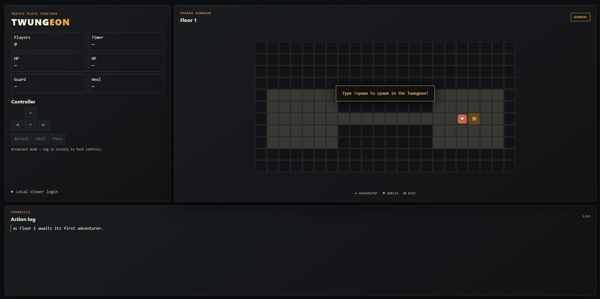 Twungeon proof-of-concept screenshot showing the dormant Floor 1 dungeon, controller status, spawn banner, and action log